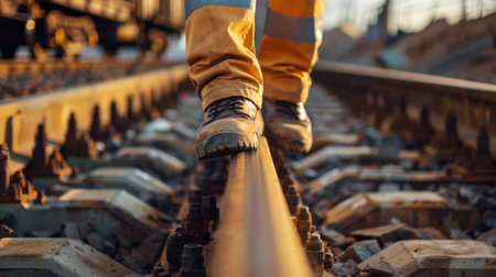 Railway worker walking on rails, close-up of legs.の素材