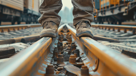 A man in sneakers stands on the rails of the railway track.の素材