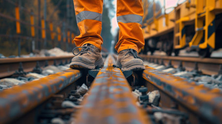 Railway worker walking on railroad tracks. Transportation concept. Selective focus.の素材