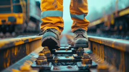 Close-up of the legs of a worker walking on the railsの素材