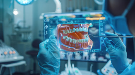 Dentist holding dental x-ray image of teeth in dental clinicの素材