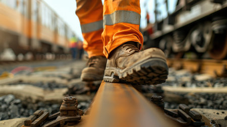 Close up of worker walking on railway track. Selective focus.の素材
