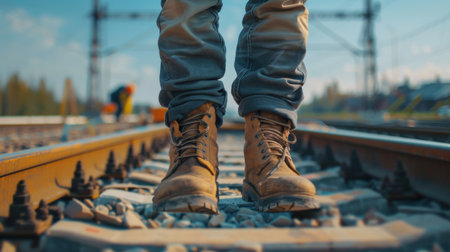 Close-up of the legs of a man in sneakers on the railsの素材