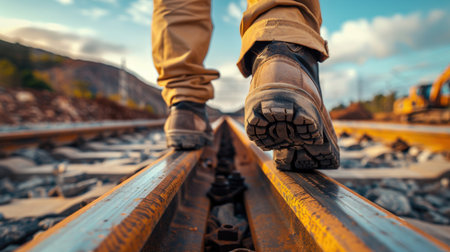 Close-up of the feet of a man walking on the railsの素材