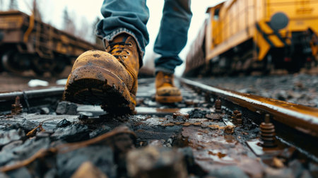 Worker walking on the railway track. Selective focus. Shallow depth of field.の素材