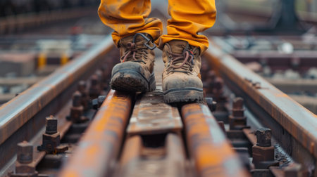 Close-up of the legs of a man in yellow pants and boots on the railway tracksの素材