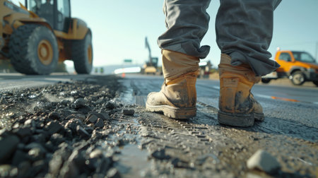 Worker working on road construction site. Close-up of worker's feet in yellow boots standing on road construction siteの素材