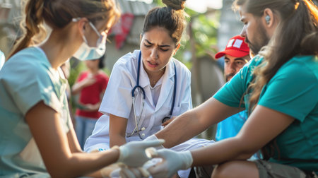 Female doctor giving an injection to a young female patient in a hospitalの素材