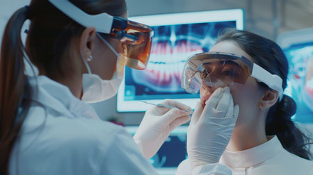 selective focus of dentist and patient looking at dental x-rayの素材