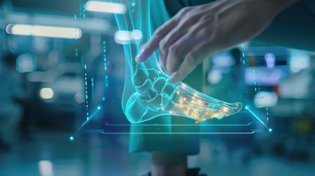 Digital x-ray image of human foot on blue background. 3D renderingの素材