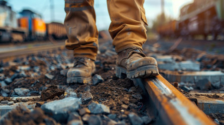 Railway worker walking on railway tracks. Railway worker walking on rails.の素材
