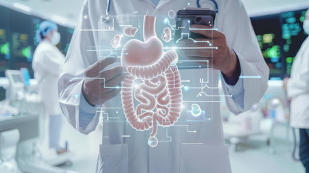 Stomatology concept as a medical health care concept with a doctor using a stethoscope and a smartphone in a modern hospital as a 3D illustration.の素材