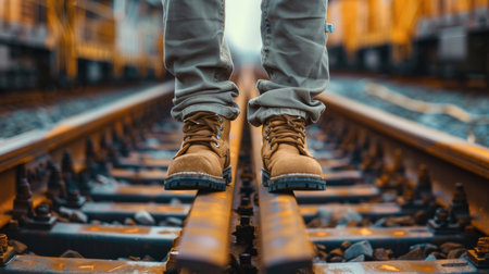 Close-up of the legs of a man standing on the rails.の素材