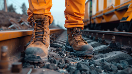 Worker walking on the railway track. Close-up of man's legs in boots and gloves.の素材