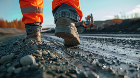 Close-up of construction worker walking on the road with heavy construction equipmentの素材