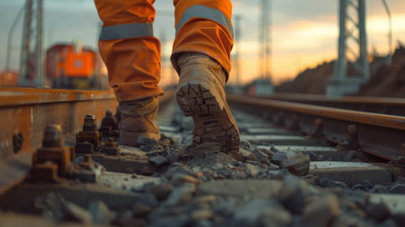 Worker walking on the railway tracks at sunset, close-upの素材