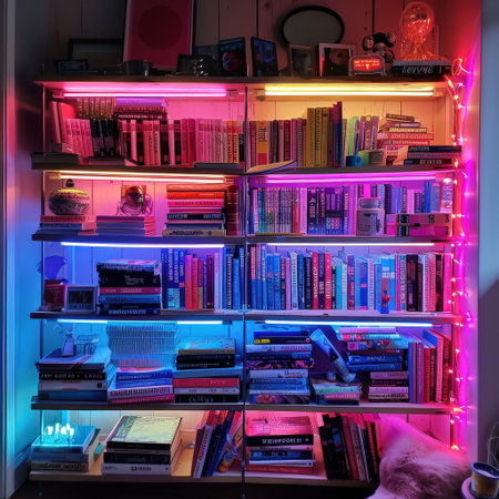 Colorful shelves with books and candles in a room with fluorescent lampsの素材