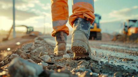 Worker on road construction site, closeup of legs and shoesの素材