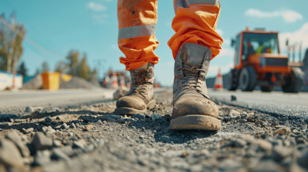 Worker on a road construction site. Close-up of the feet of a construction workerの素材