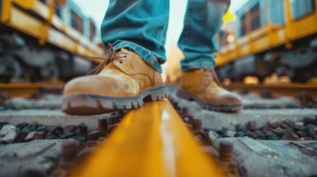 Close-up of a man's legs in yellow boots standing on the rails.の素材