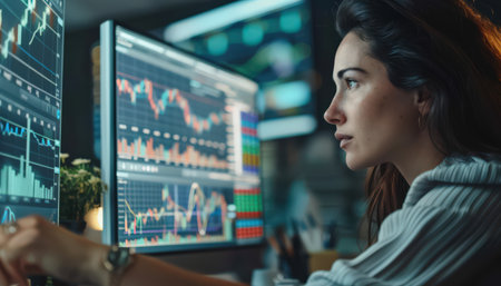 A young woman looking at the computer monitors with graphs and charts.の素材