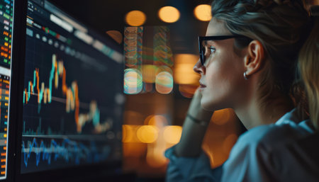 Thoughtful businesswoman analyzing financial data on computer screen.の素材