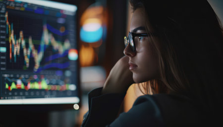 A young woman wearing glasses is looking at a computer screen with a graph on it. She has her hand on her chin and is looking thoughtful.の素材