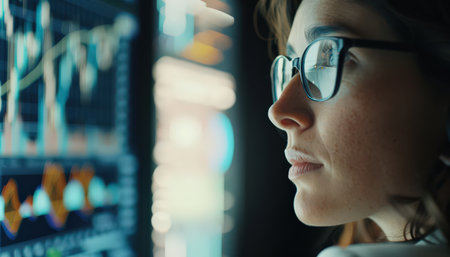 Thoughtful businesswoman wearing glasses looking at graphs and charts on computer screen analyzing financial data searching for trends and insights to make informed decisionsの素材