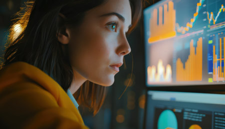 Thoughtful businesswoman analyzing financial data on multiple computer screens.の素材
