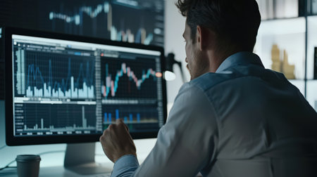 Thoughtful businessman analyzing financial data on multiple computer screens in dark office.の素材