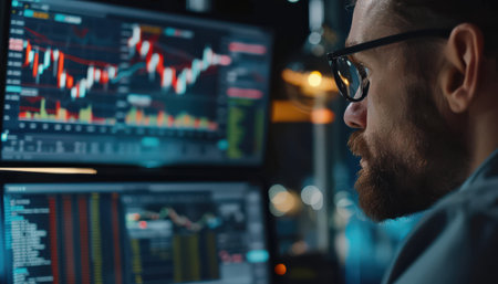 A male stock trader wearing glasses works at his computer analyzing graphs and data.の素材