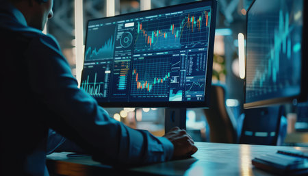 A person looking at a computer screen with a lot of data on it.の素材