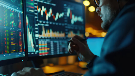 A man looking at the graphs and charts on his computer screens.の素材
