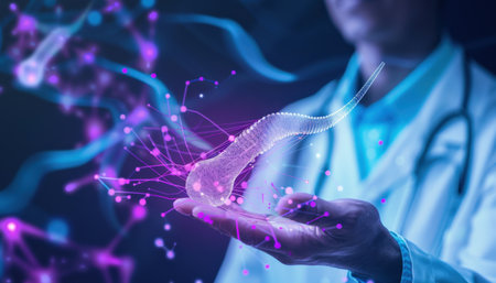 The image shows a person holding a glowing blue and purple boomerang in the palm of their hand.の素材