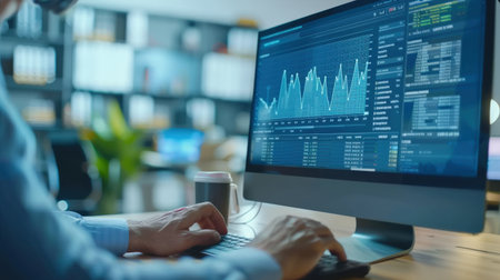 Businessman analyzing financial data on computer screen.の素材