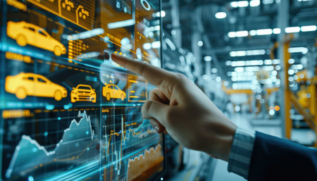 The photo shows a person interacting with a holographic display of a car.の素材