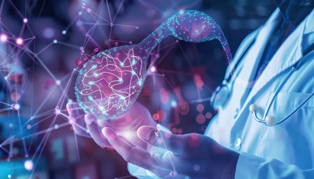 The image shows a glowing brain in a hand with a blue background.の素材