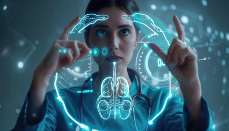 The photo shows a young female doctor in a futuristic setting, using a holographic display to examine a 3D image of a human brain.の素材