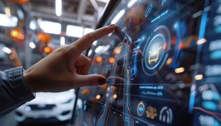 The future is now: a woman uses a futuristic touch screen interface in a modern car.の素材