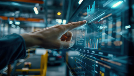 Engineer touching futuristic interface in modern factoryの素材