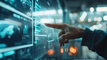 The photo shows a person in dark clothes touching a futuristic screen with data and graphs.の素材