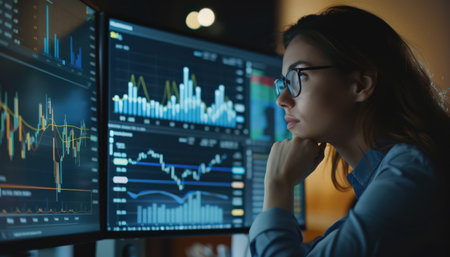 A young woman wearing glasses looking at multiple computer screens with graphs and data.の素材