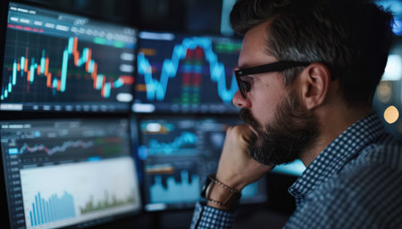 Male stock trader analyzing graphs and charts on multiple computer screens while working late at night.の素材