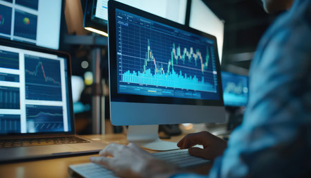 A person looking at a computer screen with a graph of stock prices.の素材