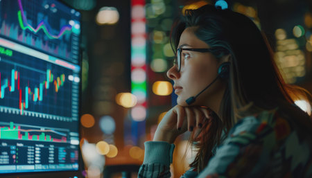 A young woman looking at the graphs on the computer screen thoughtfullyの素材