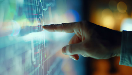 Finger pointing at digital screen with stock market dataの素材