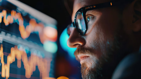 A man wearing glasses is looking at a computer screen with a graph on it.の素材