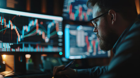 A male stock trader analyzing graphs and charts on multiple computer monitors.の素材