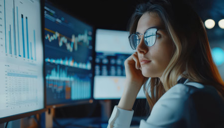 Young female stock trader analyzing financial data on multiple computer monitors.の素材