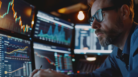 A male stock trader analyzes graphs and charts on multiple computer monitors.の素材